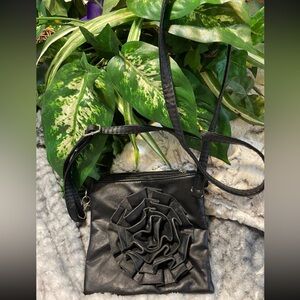 SAX Like New Soft Black Leather Crossbody Big Rosettes Bag. Stylish Cutie!